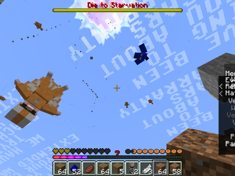 The sky in Minecraft, full of Vector (from Despicable Me) and parrots
